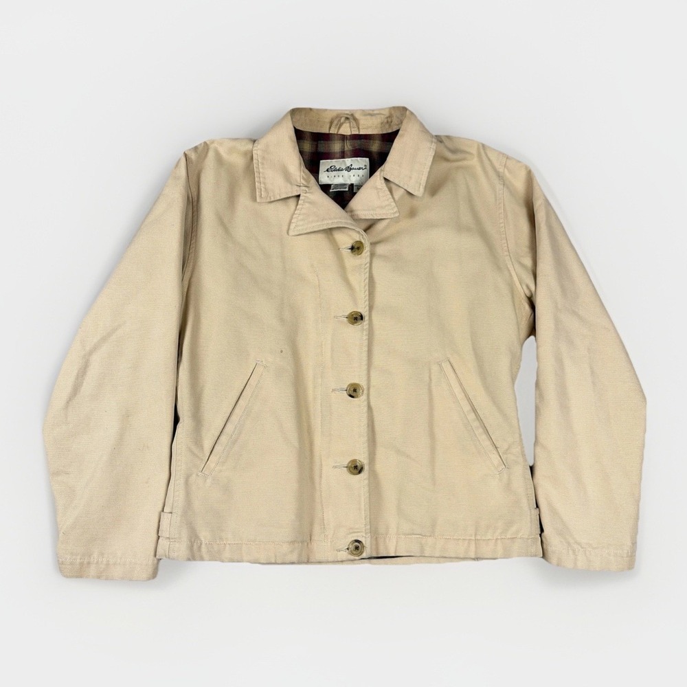 Eddie Bauer Canvas Field Jacket Womens Small Tan Plaid Lined Utility Coat